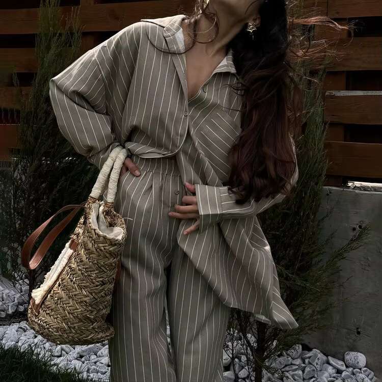 Classic Striped Loose Pants Sets Single Breasted Long Sleeve Blouse+Wide Leg Pant Casual Vintage Women's Trouser 2 Piece Set New