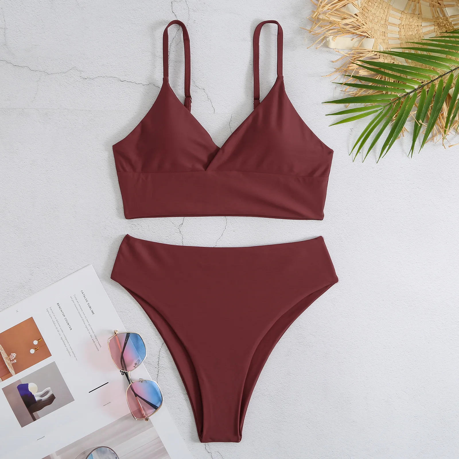 High Waist Bikinis Women Solid Strape Swimsuit Female Padded Swimwear Bathers Bathing Swimming Swim Suit Summer Beachwear 250122