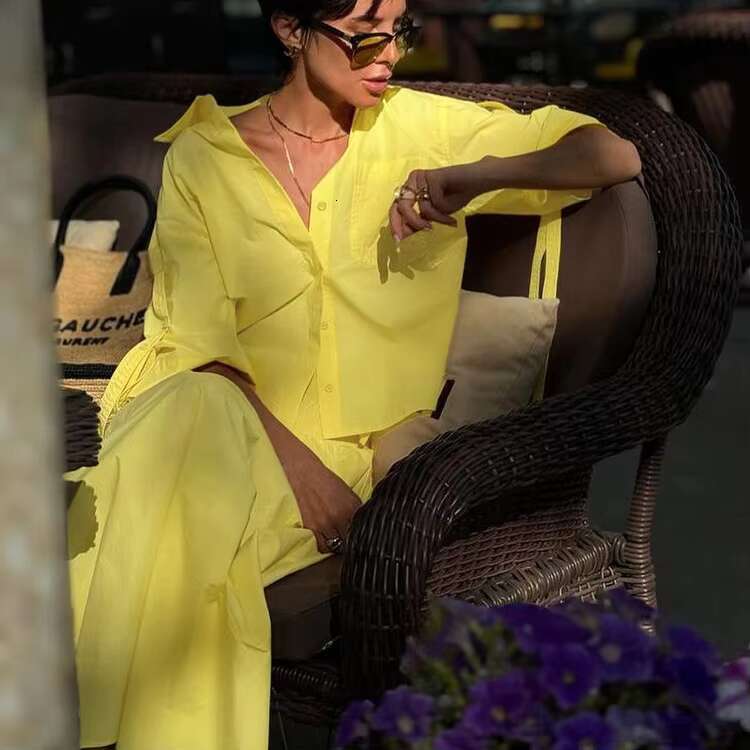 Solid Pocket Blouse Two-Piece Set Women Single Breasted Short Sleeve Blouse+Elastic Waist Long Elegant Casual Skirts Sets