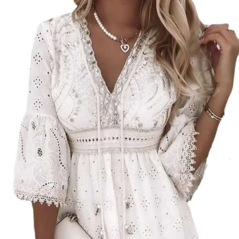 New Lace V Neck Flare Sleeve Vintage Style Short Cotton Blend Embroidery Hollow Out White Dress Mujer