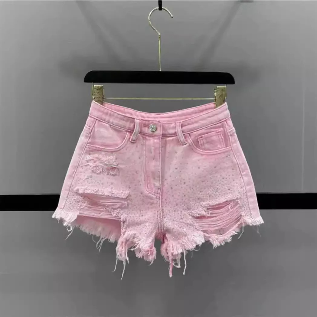 Womens 2025 Summer High Waist Diamond Denim Shorts with Broken Holes and Wide Legs Pants Jean Shorts 250118