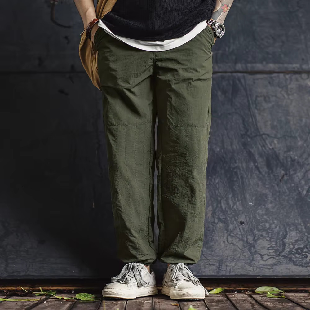 Maden Retro Thin With No Waist And Braided Hemp Rope Elastic Leg Design Green Straight Casual Pants For Men