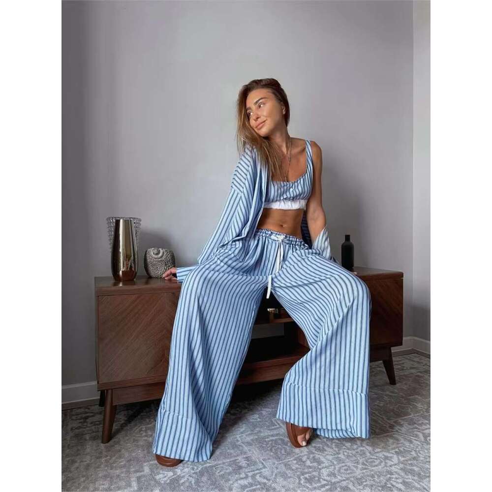 Spring New Blue Striped 2 Piece Set Women Long Sleeve Blouse+Buttons Bra+Elastic Waist Trouser Suits Home Casual Pamas 2025