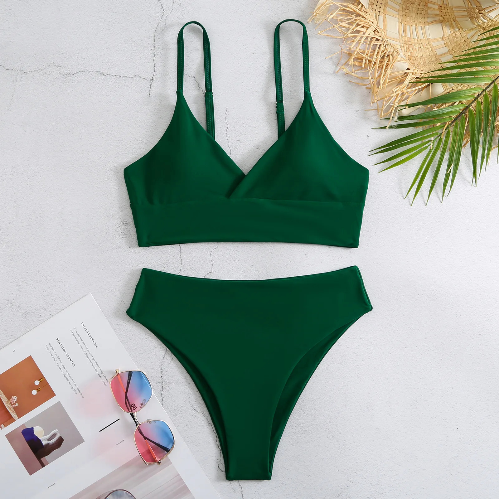 High Waist Bikinis Women Solid Strape Swimsuit Female Padded Swimwear Bathers Bathing Swimming Swim Suit Summer Beachwear 250122