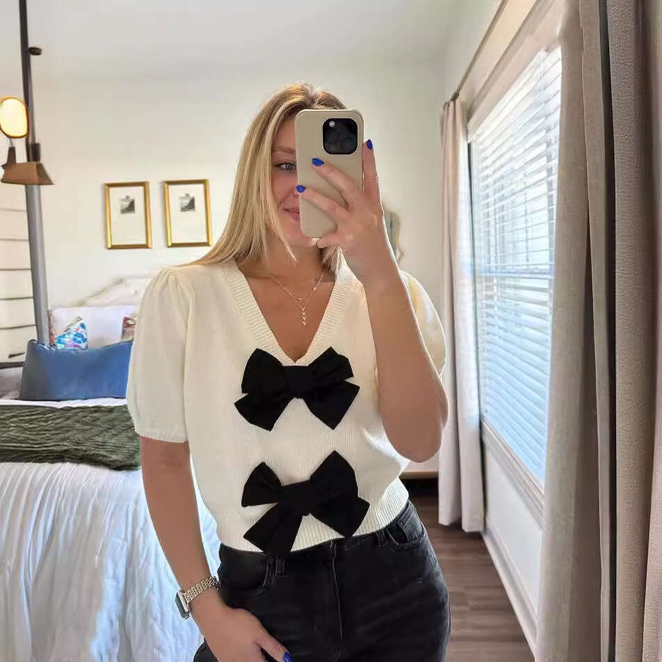 Women's Wear Dress Fresh And Sweet Niche Style Spring New Product V-Neck Short Sleeved Personalized Double Bow Solid Color Sweater For Women