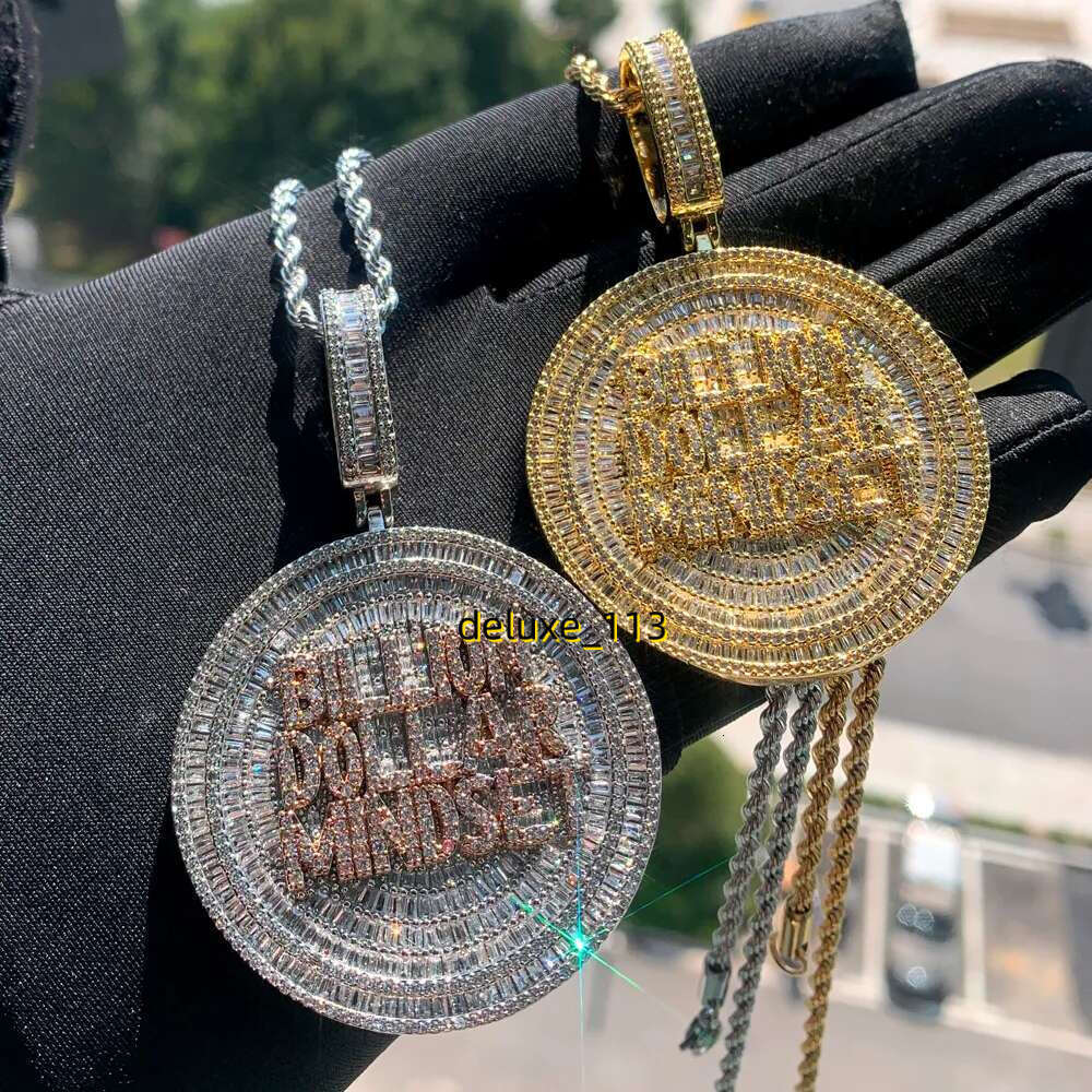 Iced Out Billion Mindset Letter Round Charm Pendant Necklace with Rope Chain Hip Hop Women Full Paved 5A Cubic Moissanite Men Gift Jewelry