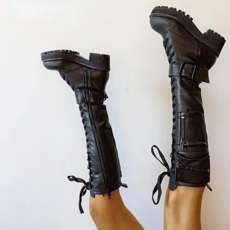 Knee High Boots Women Cool Goth Zipper Design Pocket Lace Up Chunky Heel Quality Shoes Woman Fashion Popualr Big Size 48 250117