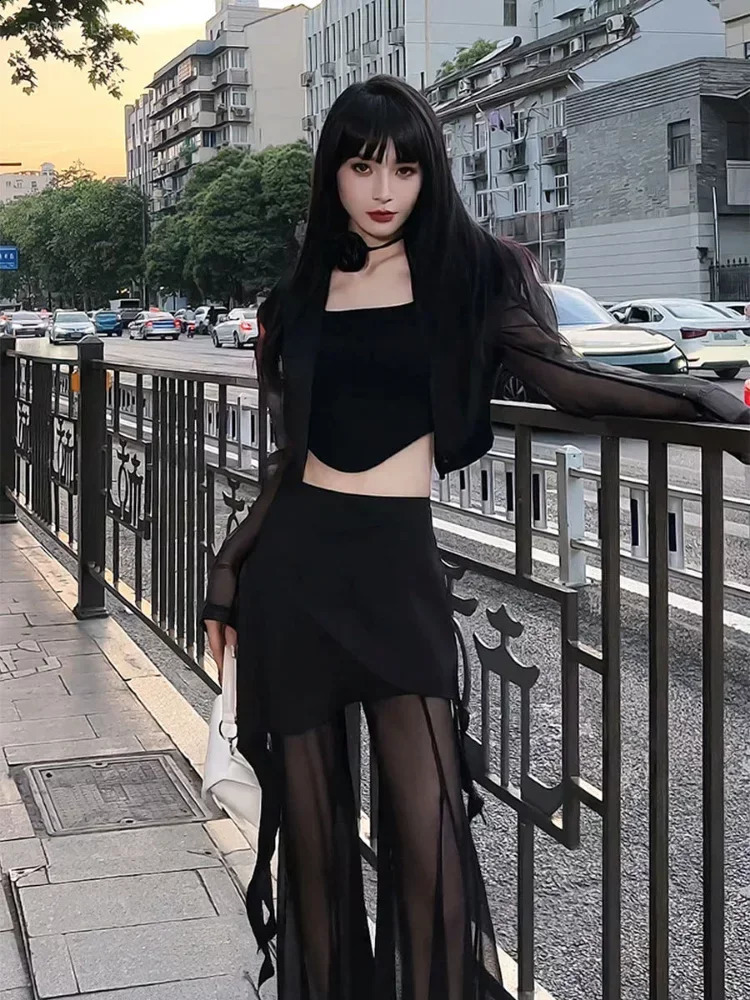 Korean Simple High Waist Hollow Out Black Pants Y2k EGirl Slim Fit Mesh Long Sleeve Top Grunge Two Piece Sets 250113