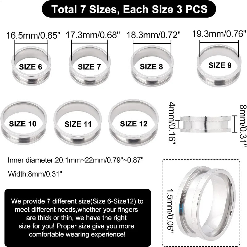 21pcs 7-size blank ring stainless steel finger ring groove core inlaid ring for resin circular blank ring for jewelry making 250109