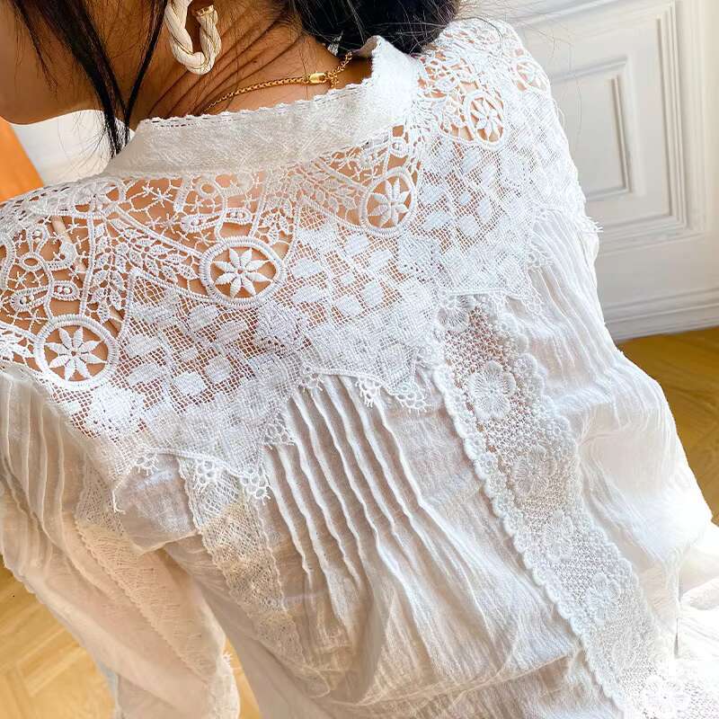 Women's New Bohemian White Solid Color Lace Free Casual Loose Cotton Shirt Top Boho Cute Blouses Chic Shirts