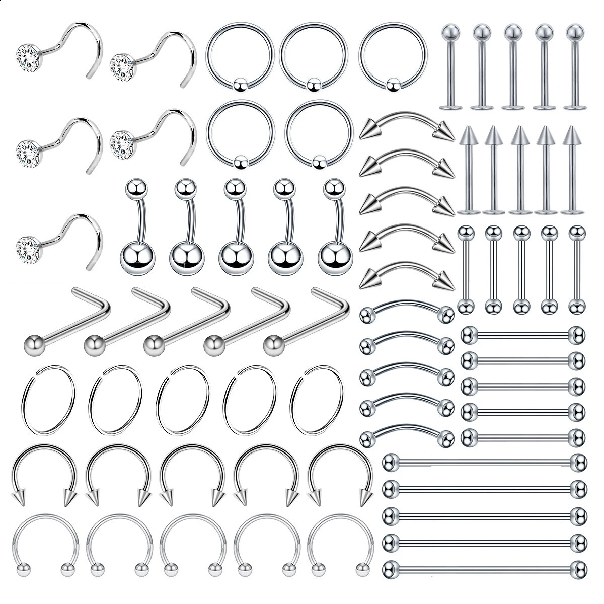 70pc Steel Body Piercing Jewelry Lot Bulk Nose Ring Tongue Bar Eyebrow Labret Set Horseshoe Pack 250110