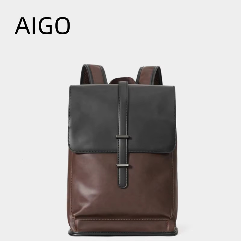 AIGO New Fashion Men's Backpack Travel Brand Design Large Capacity School Bag PU Leather Backbags Laptop Shoulder