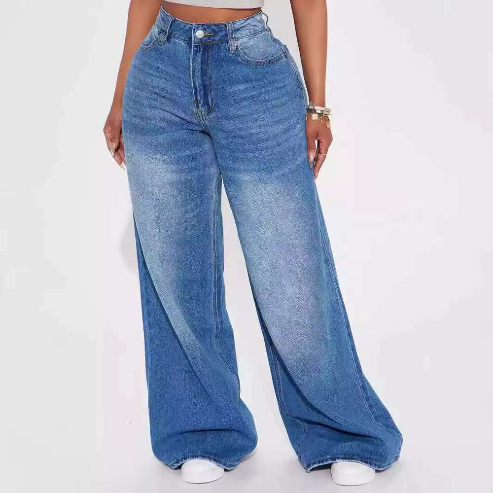 High Street Bleached Baggy American Style Full Length Jeans Vintage Scratched Wide Leg Pants Femme Trousers