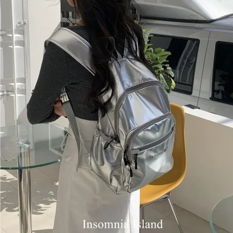 Silver Nylon Large Capacity Commuting Shoulder Backpack Women College Students Travel Schoolbag Waterproof Lightweight Backpacks 250122