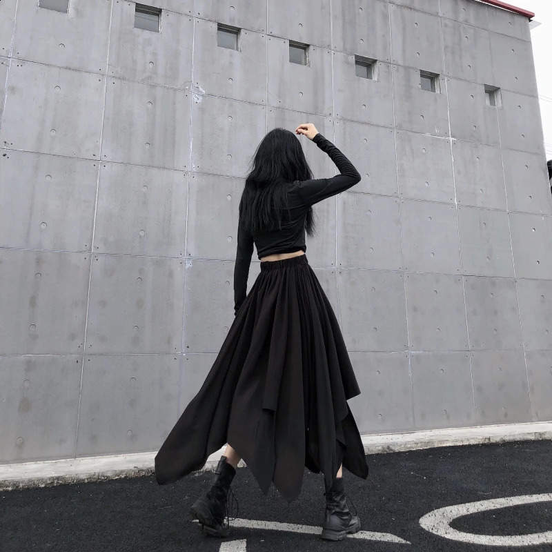 Dark Black Irregular High Waist Skirt Goth Punk Gothic Harajuku Long Vintage korean fashion clothing 250110Z
