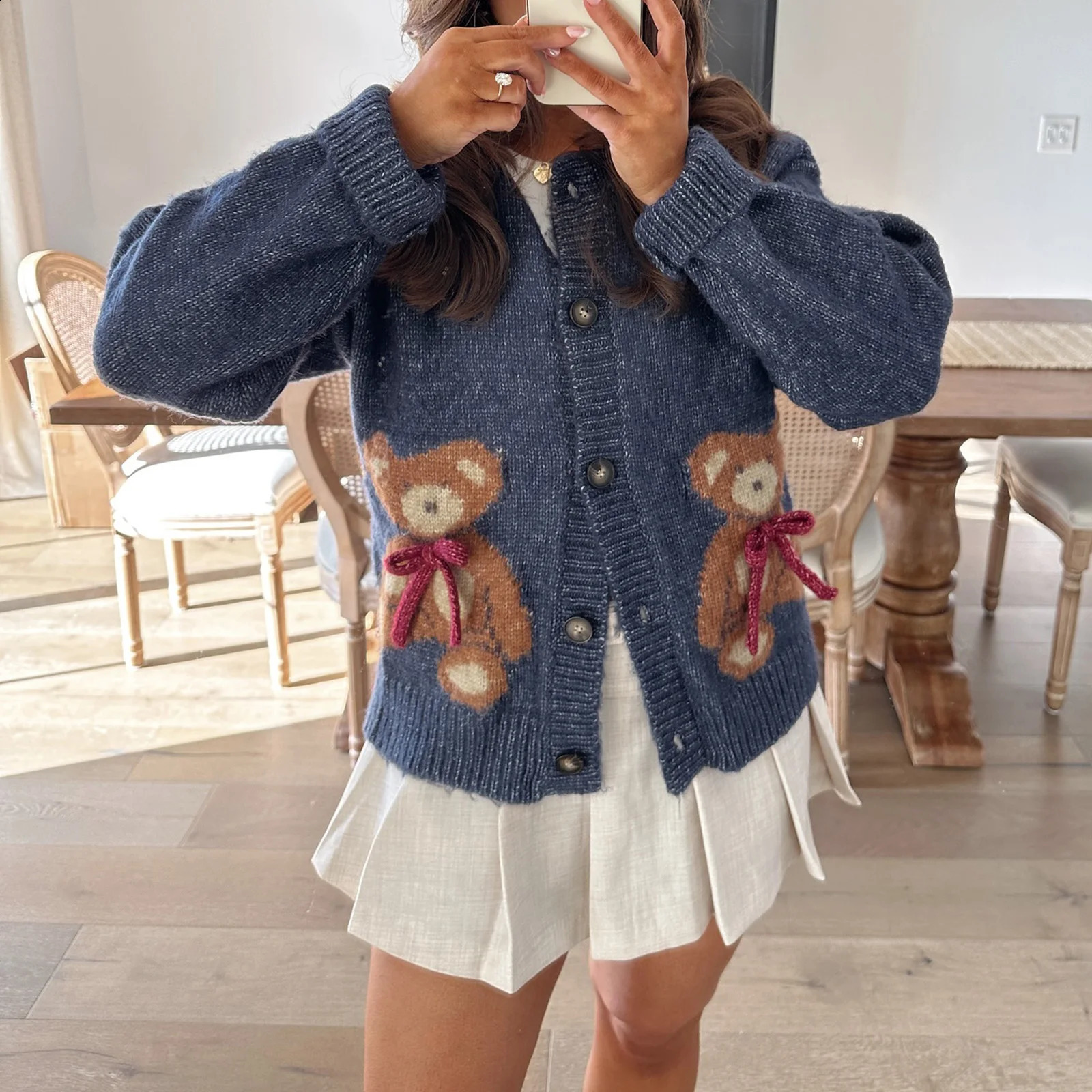 Combhasaki Womens Christmas Autumn Y2K Cute Sweater cardigan wool sweater top long sleeved round neck button down bear print knit jacket 250122
