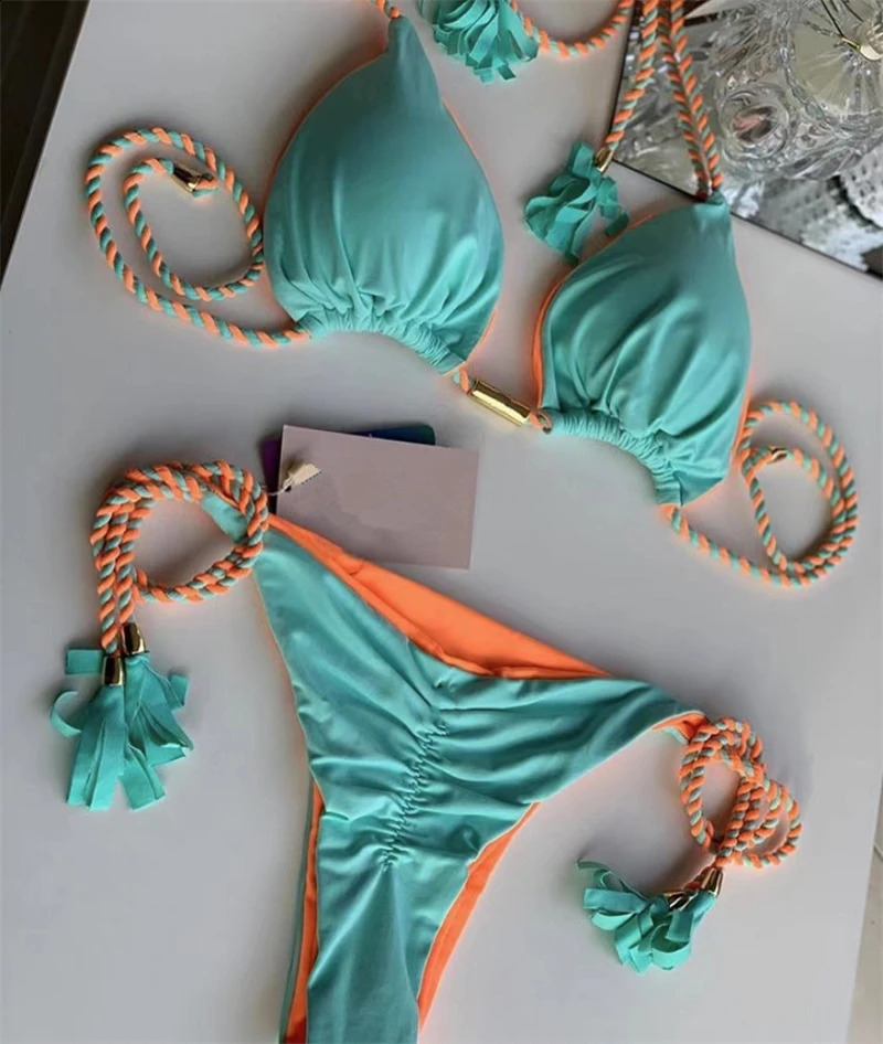 Braided Rope Multicolor Woman Bikini Strap Triangle Brazilian Ladies Sexy Swimsuits Summer Bathing Suits Vacation Swimwear 250118