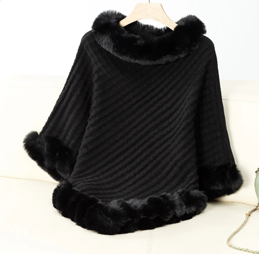 Fashion Cape Coat Women Autumn Winter Plaid Stripes Faux Fur Pullover Knit Loose Comfort Cloak Wraps Party Shawl Coat 250121