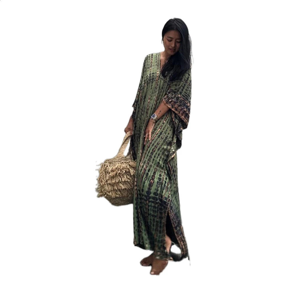 Plus Size Boho Cover Up Womens Tie Dye Batwing Sleeve V Neck Split Hem Slight Stretch Maxi Dress 250122