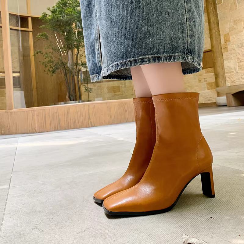JOZHAMTA Size 34-40 Real Leather Ankle Boots For Women Stone Block High Heels Shoes Winter 2025 Ins Fashion Office Lady Dress