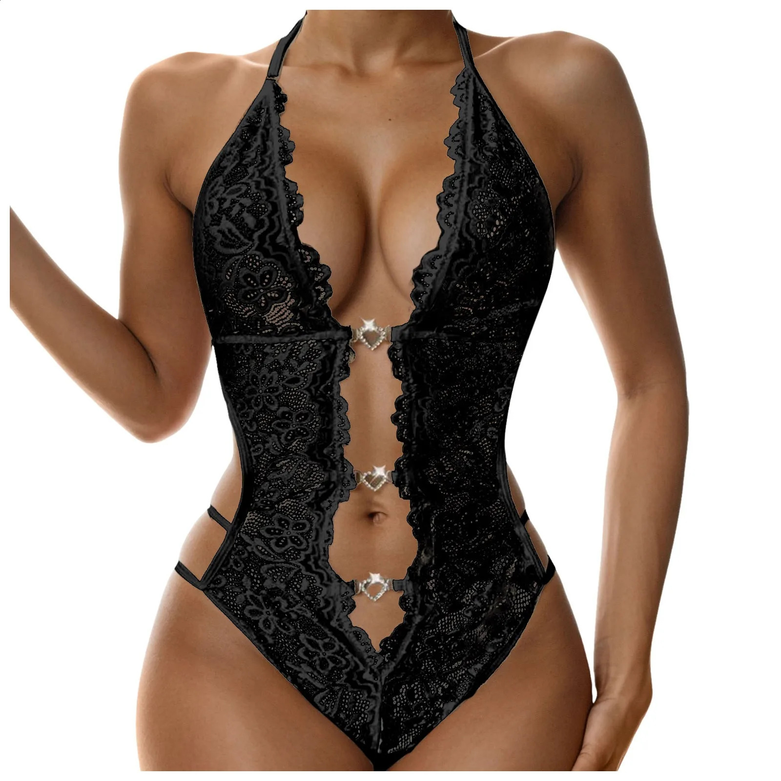 Women Sheer Lace Sexy Lingerie Teddy Halter Deep VNeck Embroidered Nightwear Female Onesie Bodysuit Backless Erotic Baby Dolls 250108