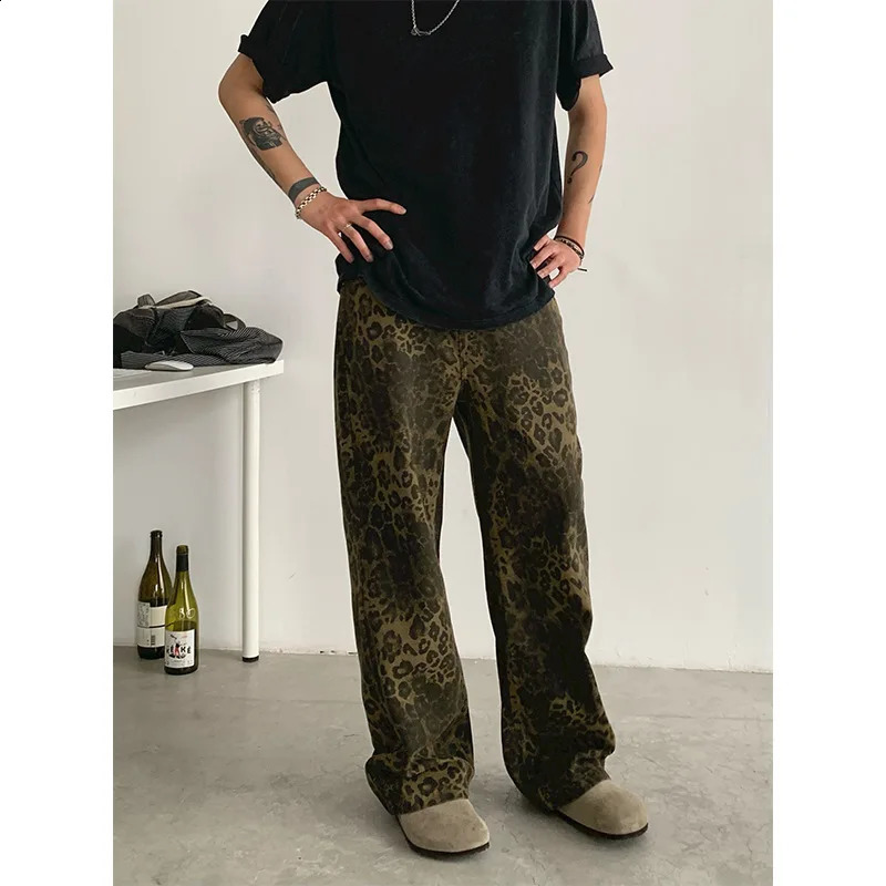 Spring Autumn Fashion High Waist Leopard Jeans Mens Clothing Casual Loose All-match Wide Leg Trousers Korean Trend Pants 250120