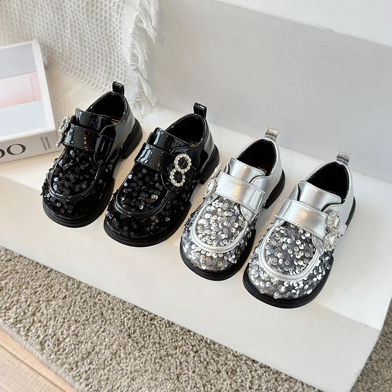 Jogerli Bling Fashion Leather Shoe For Kids Girls Sequined Black Silver Rubber Children School Dress Shoes For Party 250121