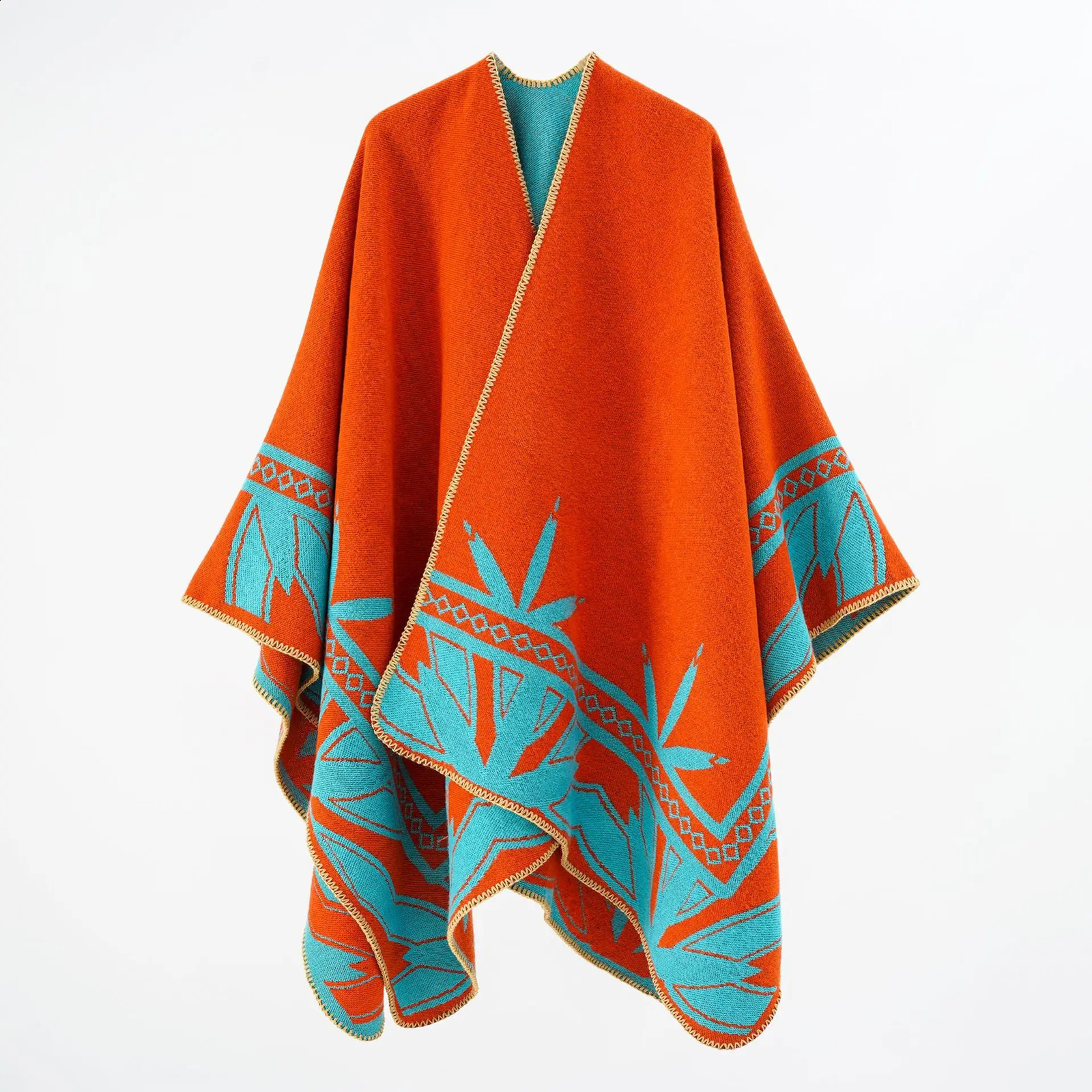 Autumn Winter Geometric Stripe Pattern Cashmere Warm Casual Women Shawl Poncho Capes Lady Coat Black 250121