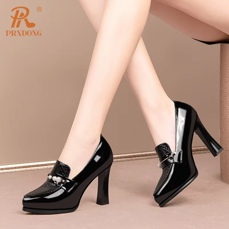 PRXDONG New Fashion Genuine Leather Shoes High Heels Platform Black Red Green Spring Summer Dress Party Office Lady Pumps 34-39