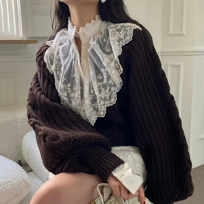 ChicAutumn/Winter Elegant Neckline Cable Knit Pullover Sweater Loose Fit Solid Color Warm Lantern Sleeve Knit Sweater 250114