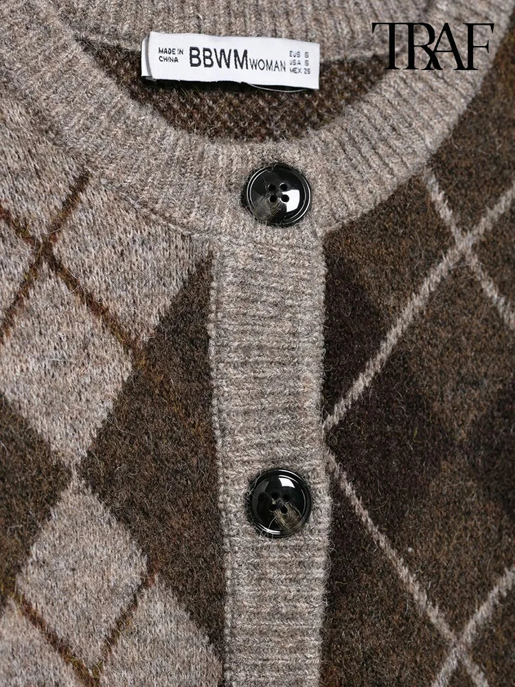TRAF Womens Fashion 2024 fall and winter retro diamond plaid knitted cardigan chic long-sleeved single-breasted jacket 250118