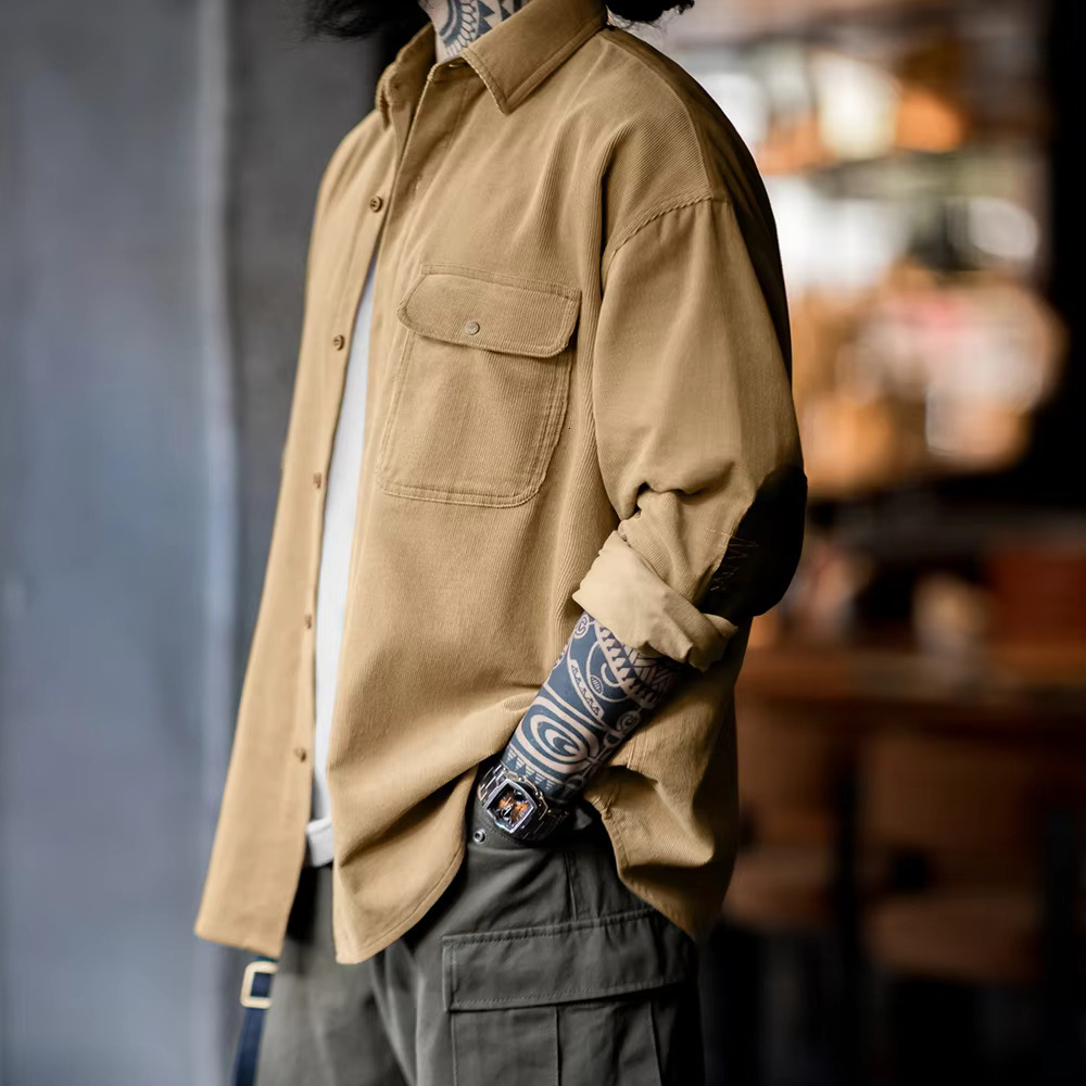 Maden Retro Corduroy Patchwork Long-Sleeve Casual Turn-Down Collar Single-Breasted Cotton Shirt Classic Men's Fall Jacket
