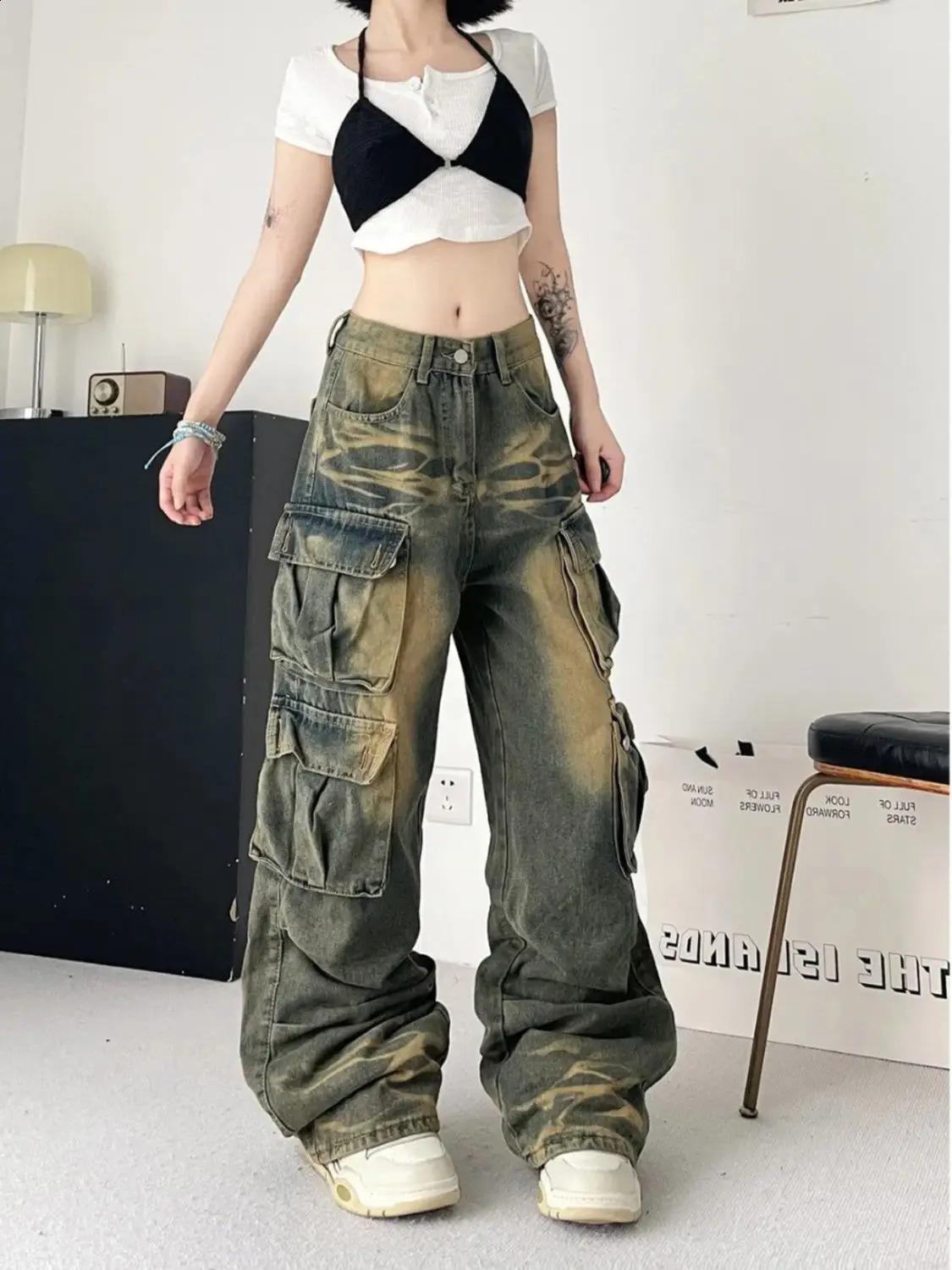 Y2K American Retro Multipocket Overalls Jeans Women High Street Waist Loose Straight Tube Slim and Wide Leg Mop Pants 250122