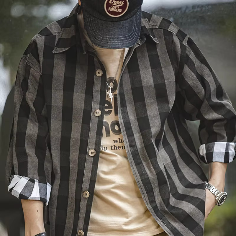 Maden Haruku Plaid Men's Shirts Retro 360G Heavy High Quality Casual Single Breasted Loose Long-Sleeved Turn-Down Collar Shirt