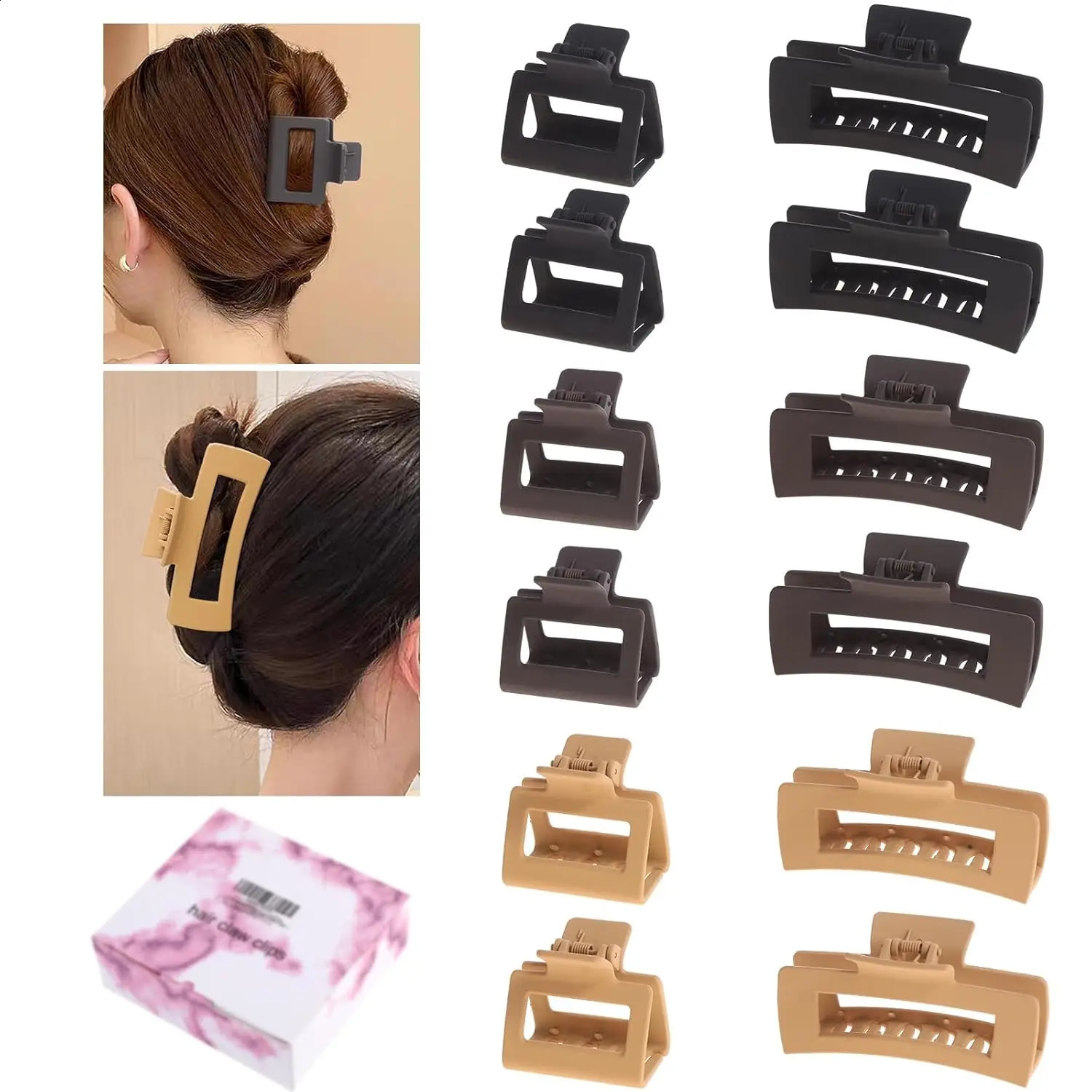 12-Pack Square Claw Clips Large And Small Unisex Rectangular Non-Slip Matte Large Hair Clips For Women 250120