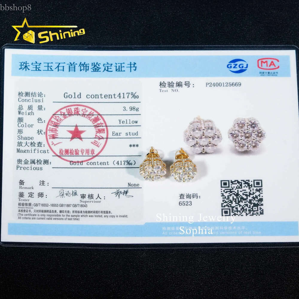 Top sell wer design 10K solid yellow gold iced out vvs moissanite stud earrings hip hop earring