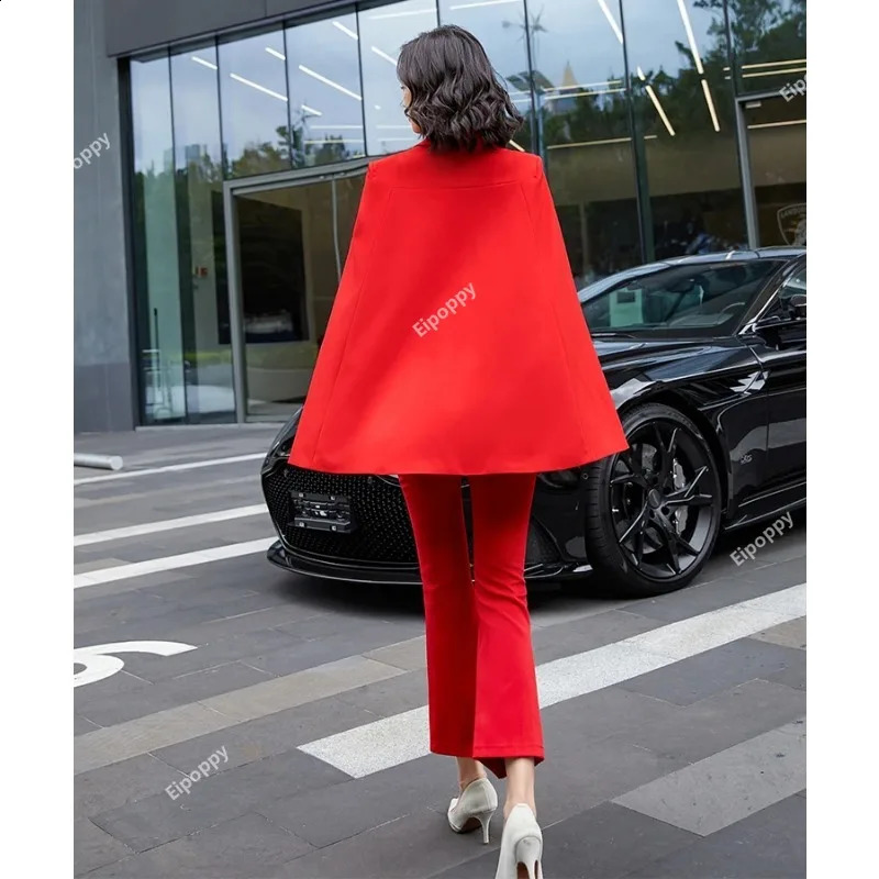 2024 Women Bat Sleeve Pant Suit Latest Fashion Ladies Jacket Blazer and Trousers Red Apricot Black 2 Piece Set 250114
