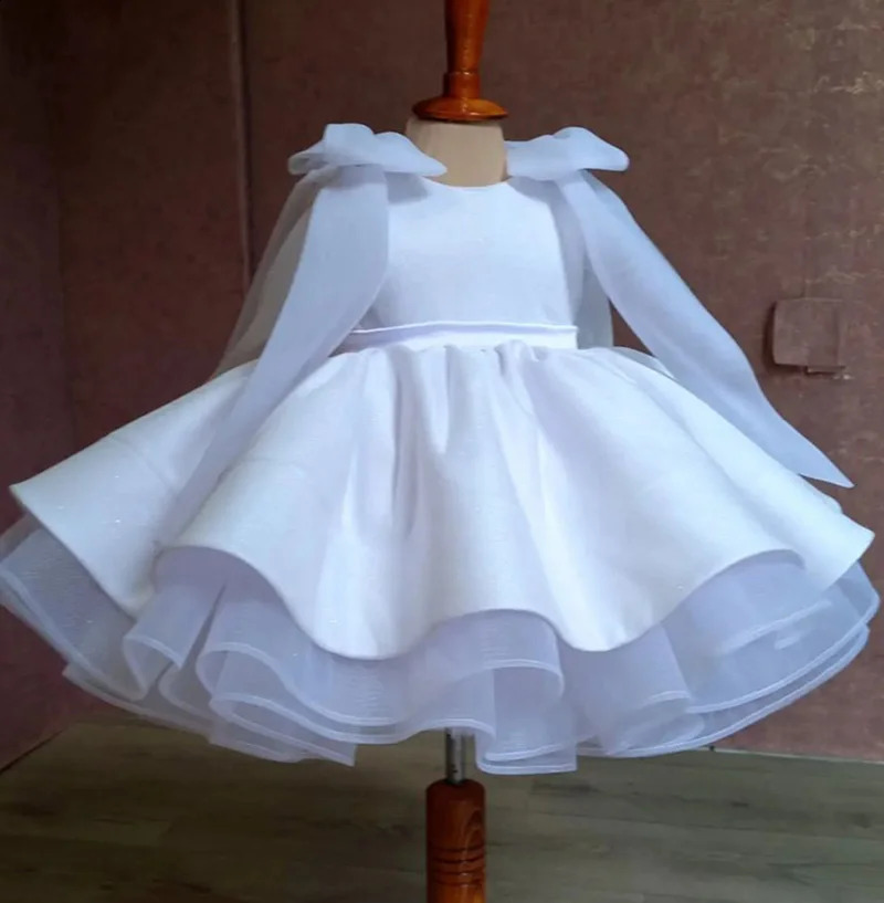 White Flower Girl Dress For Wedding Knee Length Long Sleeves Princess Kids Birthday Party First Holy Communion Baby Ball Gown 250115