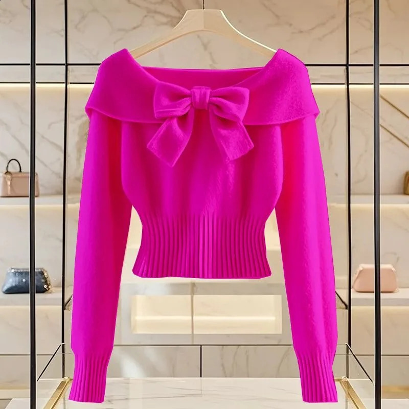 Autumn Bow Sweet Knitted Top Womens Unique Chic Soft Slim Fit Cropped Long-sleeved Lady Sweater Pullover 250118