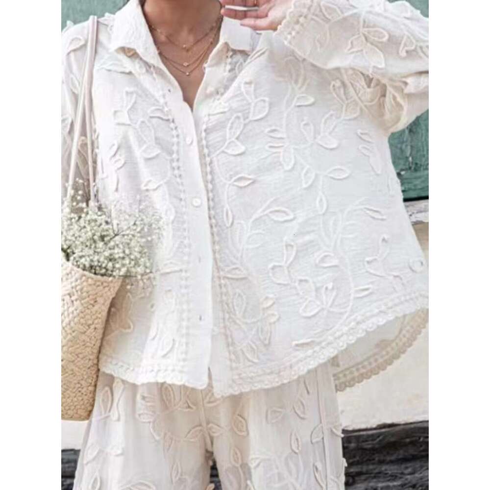 2025 New Wer Jacquard Pants Sets Spring Long Sleeve Lace Trim Blouse+Trouser Suits Casual Fashion Elegant 2 Piece Set Women