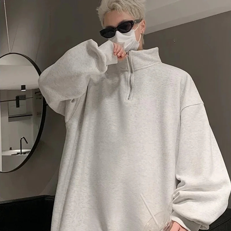 Mens Korean Fashion Halfzipper Sweatshirts Autumn Standup Collar Pullover Hoodies Y2K Vintage Solid Tops Hombre Tracksuit 250122