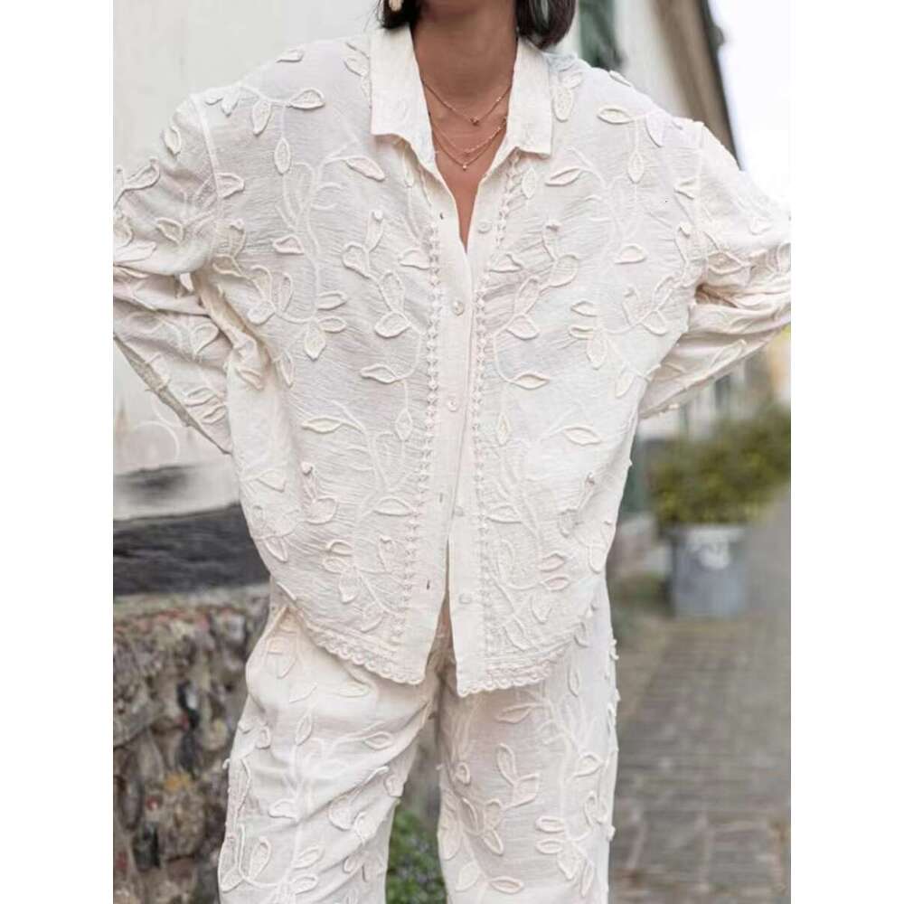 2025 New Wer Jacquard Pants Sets Spring Long Sleeve Lace Trim Blouse+Trouser Suits Casual Fashion Elegant 2 Piece Set Women