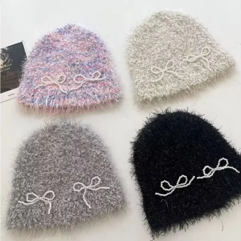 Sweet Pearl Bow Knitted Bean Hat Y2K Autumn/Winter Travel Versatile Warm and Personalized Womens Pullup Hat 250109
