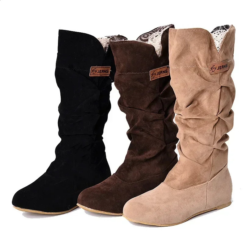 womens frosted mid tube pleated boots with flat lace retro knight winter warm Fashion leisure shoes for women 250117