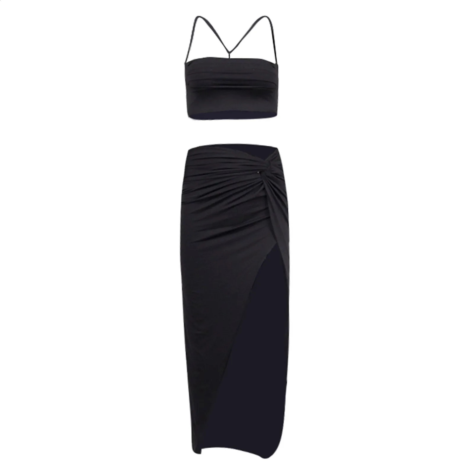 White Skirt And Top Set For Women Fashion Pleated Sexy Crop Top And High Slit Dress Skirt Set Sexy Night Party Wear Female Dress 250116