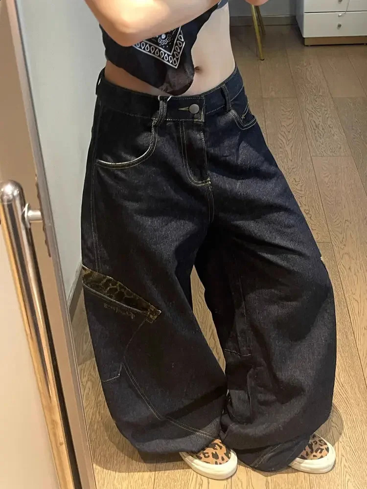 Retro High Street Loose Fit Deep Blue Wide Leg Jeans for Women with Slimming Flare n Perfect Autumn Winter Casual Style 250120