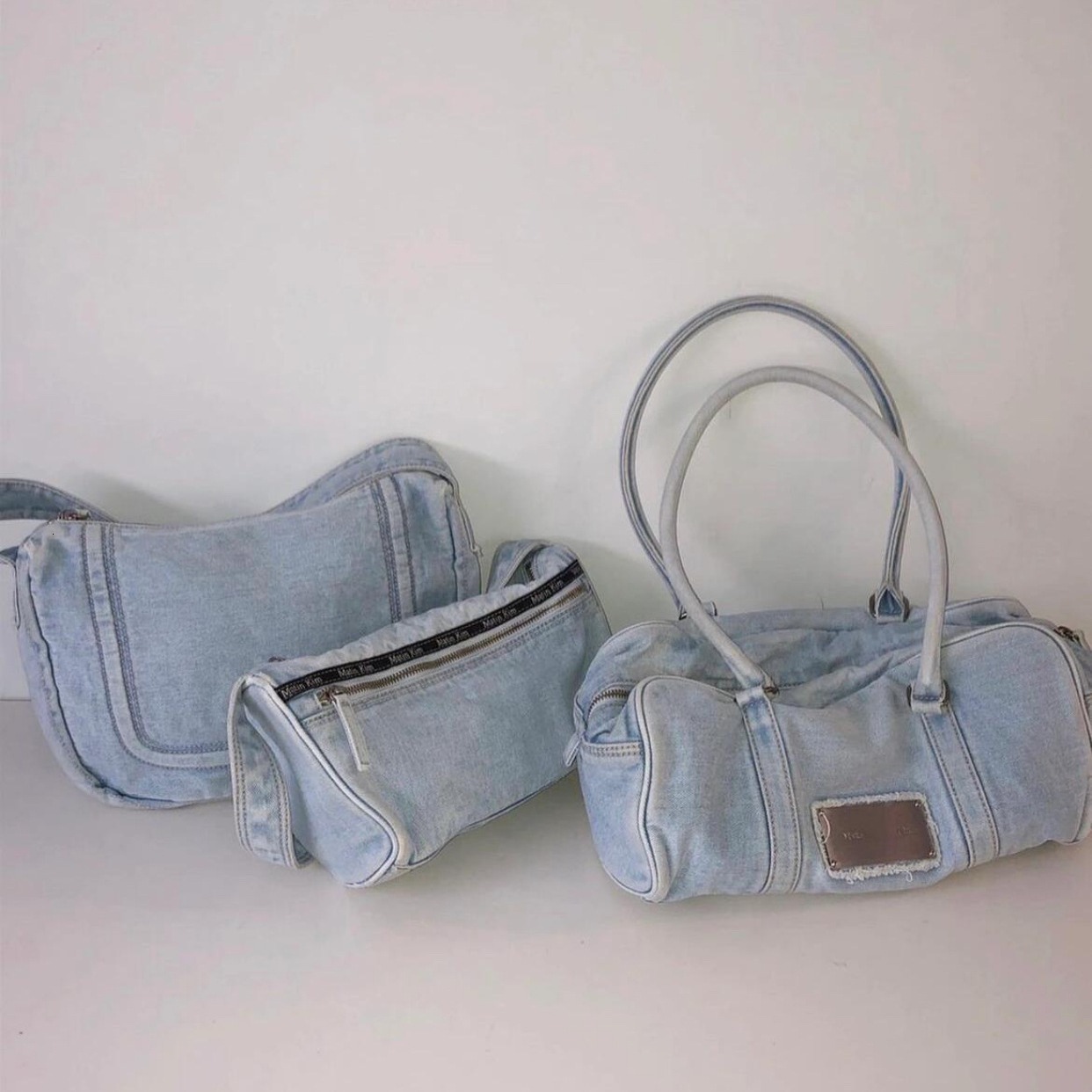 Korean niche matinkim large capacity denim shoulder autumn and winter lazy hand-held travel fitness tote bag
