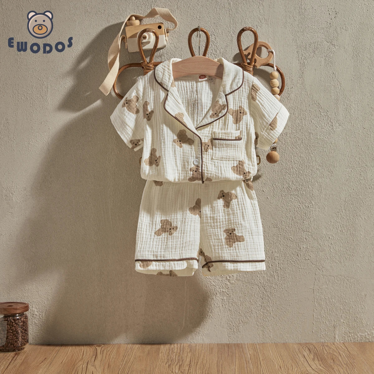 EWODOS 1-6 Years Toddler Baby Kid Unisex Casual Pajama Suit Cartoon Bear Print Short Sleeve Front Pocket Lapel Tops Shorts 250121