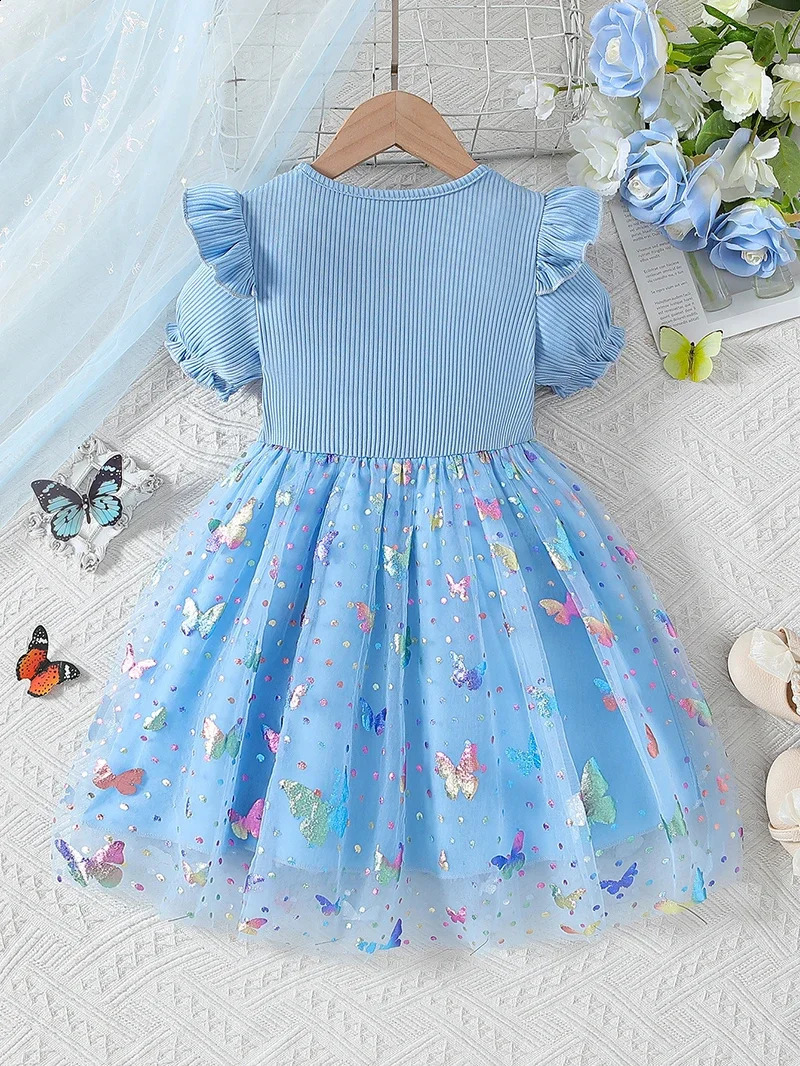 European and American Style Summer Girls Aline Dress 26Y Sweet Butterfly Mesh Short Sleeve Kids Childrens Clothing 250117