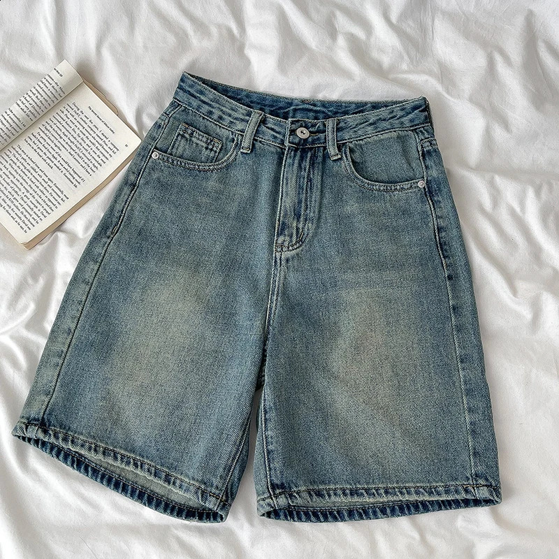 Retro denim shorts womens summer high waisted loose wide leg straight shorts retro casual half pants womens streetwear 250118